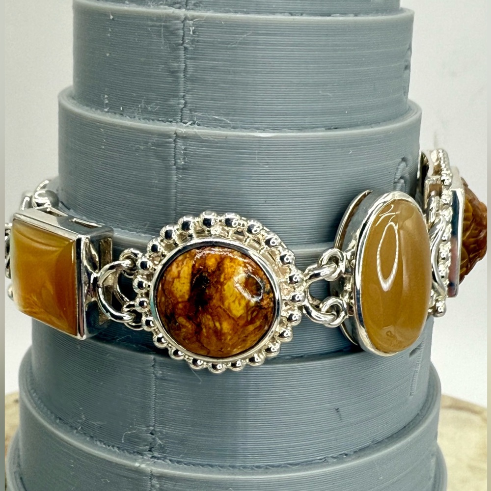 Whitney Kelly Sterling Silver Tiger’s Eye Jasper MOP Link Toggle Bracelet 7” - Picture 15 of 17